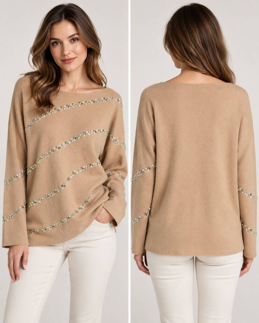 Pretty Chicos Size Medium Camel Tan Jewled Sweater